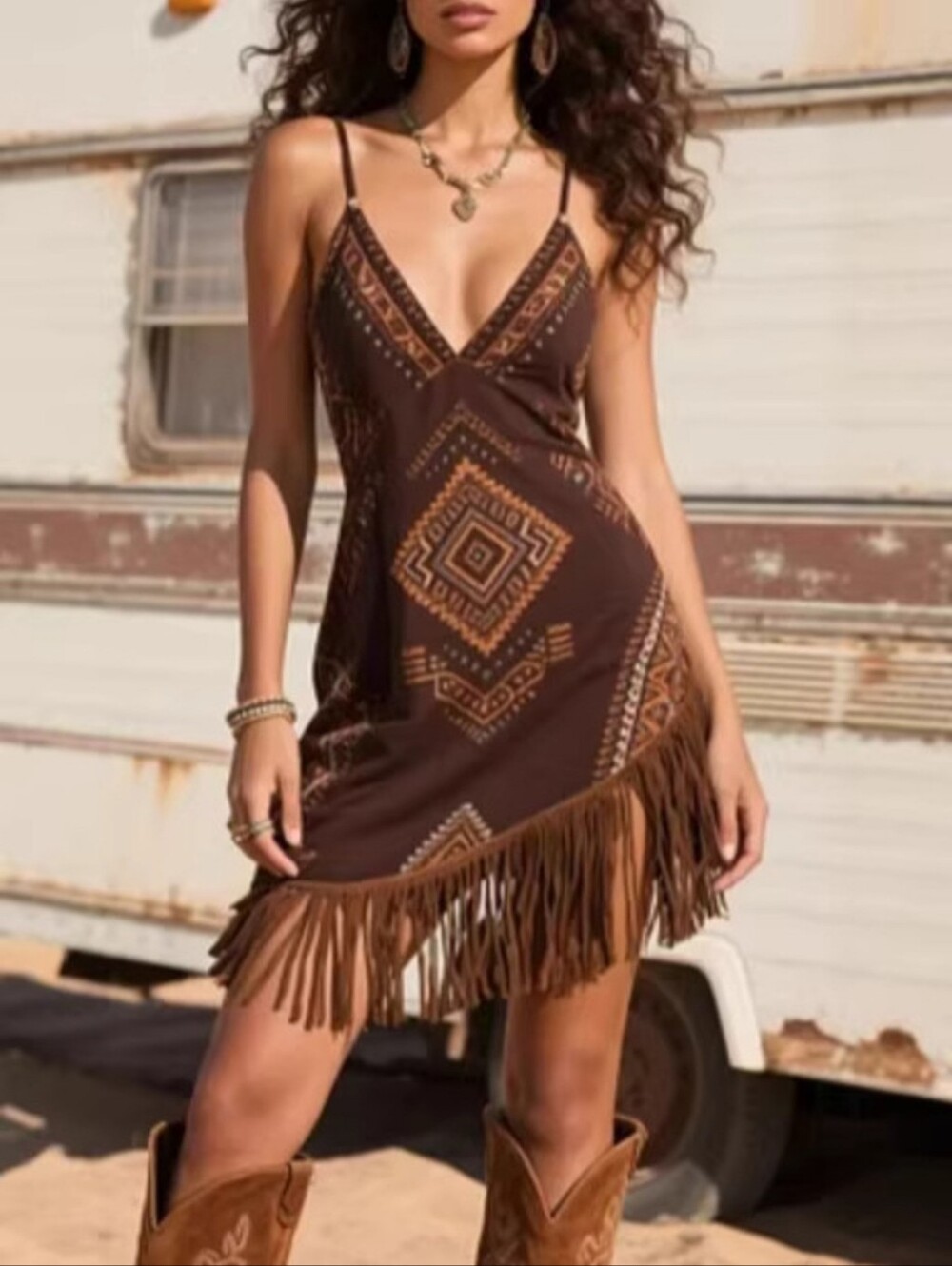 Brown Fringe V-Neck Mini Dress